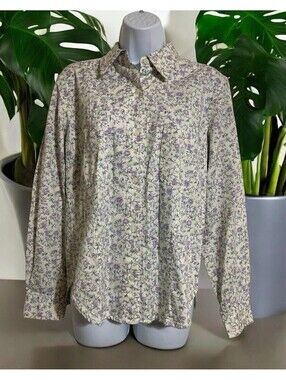 Women White Stag White Floral Design Long Sleeve Button Up Cotton Top Sz M